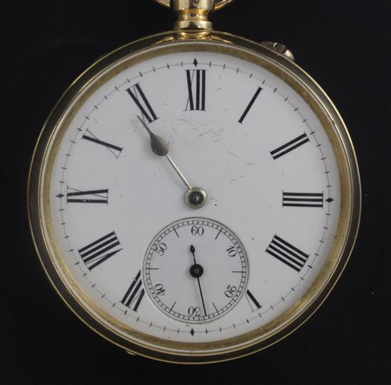 A late 19th/early 20th century 18ct gold keyless pocket watch, in fitted case.